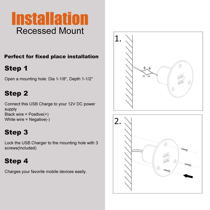 Facon 12V RV USB Charger Socket, 5V/2.4A Dual RV USB Outlet, Wall Mount RV USB Charging Port, for RV Trailer Camper Boat Marine Motorhome (White) - Image 4